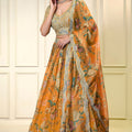 Glorious Orange Floral Printed Lehenga Choli with Mirror Work and Matching Dupatta for Wedding