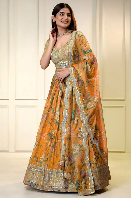 Glorious Orange Floral Printed Lehenga Choli with Mirror Work and Matching Dupatta for Wedding