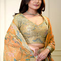 Glorious Orange Floral Printed Lehenga Choli with Mirror Work and Matching Dupatta for Wedding