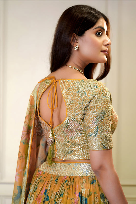 Glorious Orange Floral Printed Lehenga Choli with Mirror Work and Matching Dupatta for Wedding