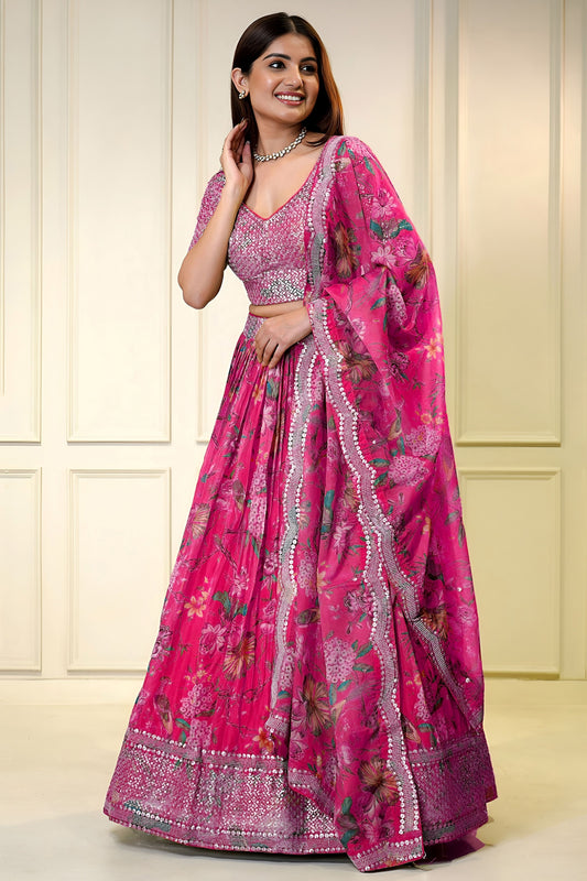 Lovely Pink Floral Printed Lehenga Choli with Mirror Work and Matching Dupatta for Wedding