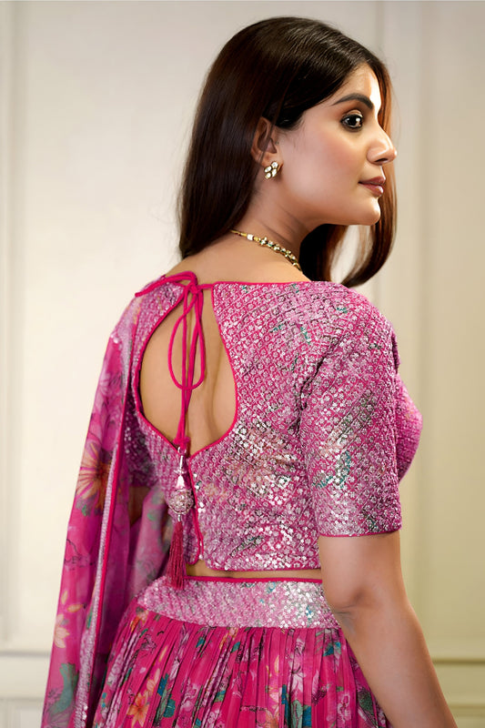 Lovely Pink Floral Printed Lehenga Choli with Mirror Work and Matching Dupatta for Wedding