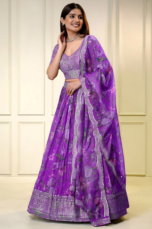 Superb Purple Floral Printed Lehenga Choli with Mirror Work and Matching Dupatta for Wedding