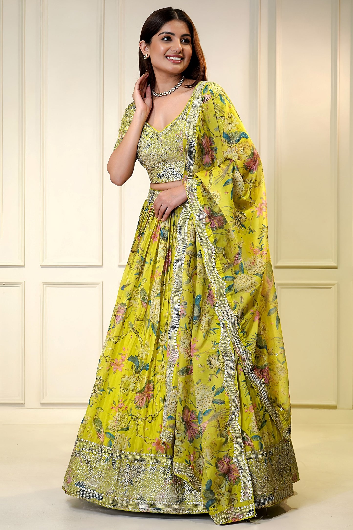 Trendy Yellow Floral Printed Lehenga Choli with Mirror Work and Matching Dupatta for Wedding