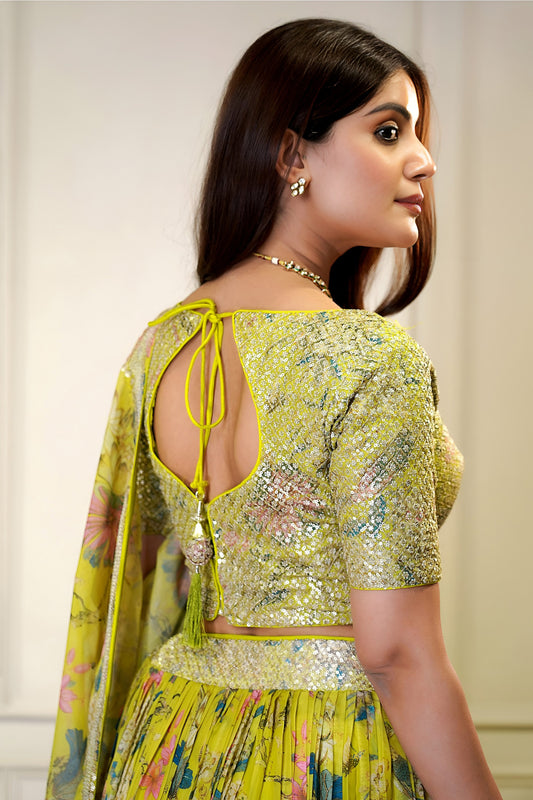 Trendy Yellow Floral Printed Lehenga Choli with Mirror Work and Matching Dupatta for Wedding