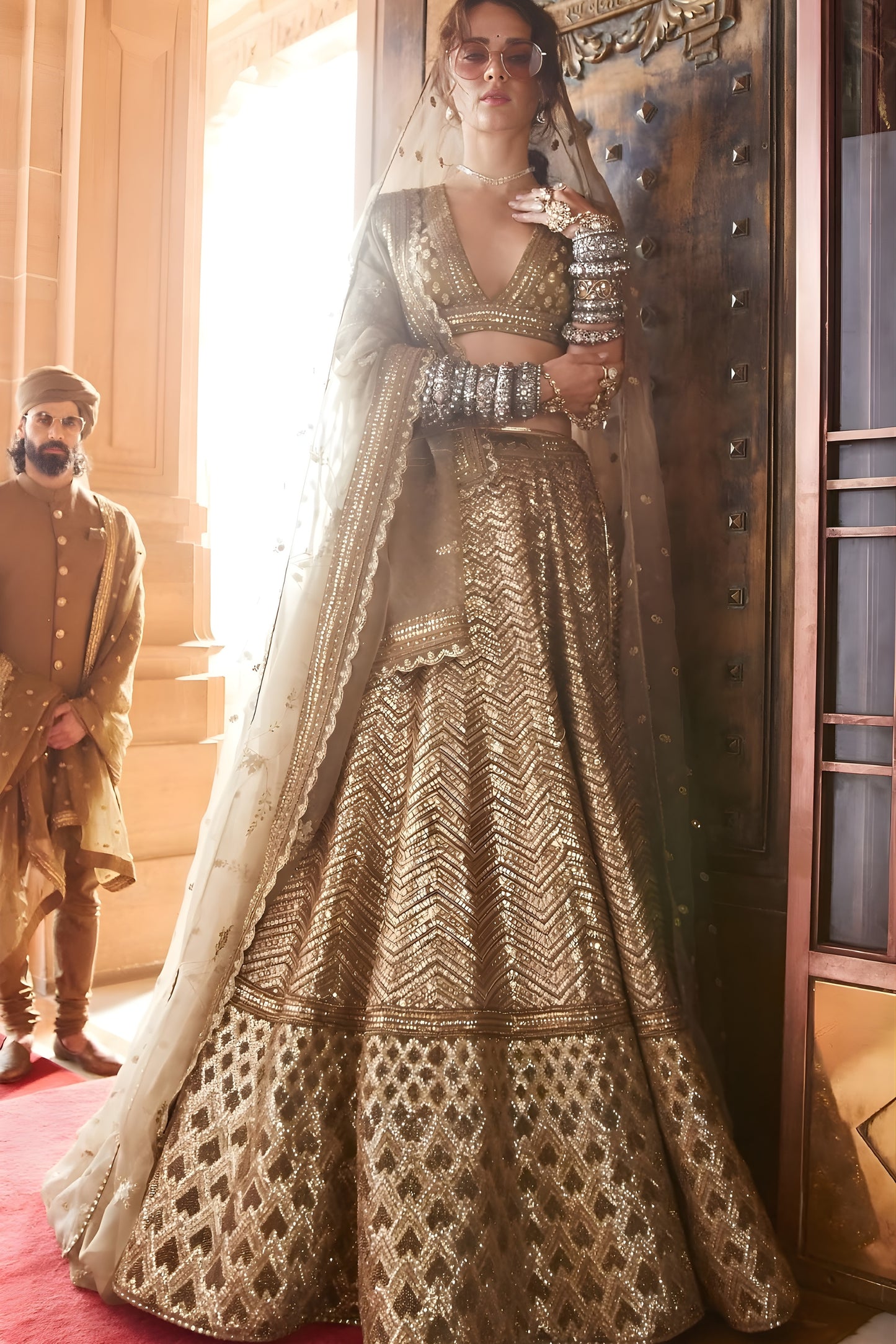 Luxury Golden Slub Silk Sequins Embroidered Wedding Wear Lehenga Choli with Dupatta