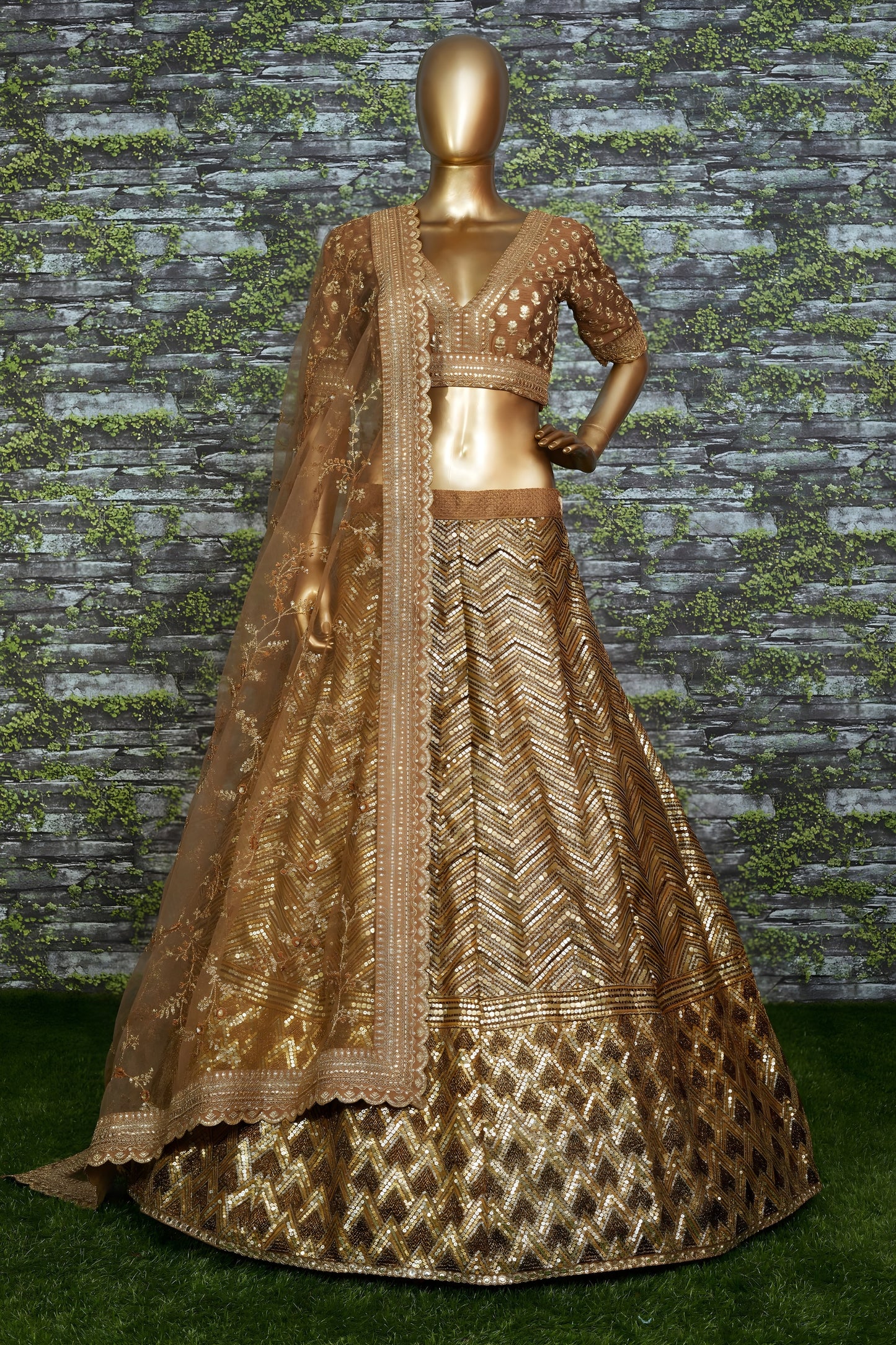 Luxury Golden Slub Silk Sequins Embroidered Wedding Wear Lehenga Choli with Dupatta