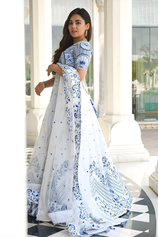 Premium White Satin Embroidered Lehenga Choli with Designer Dupatta for Women