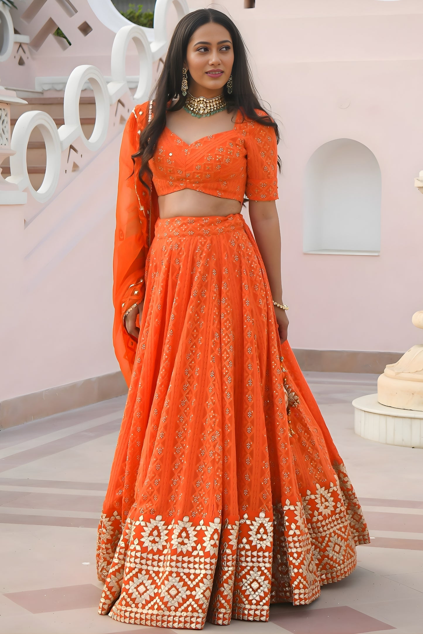 Stylish Orange Georgette Embroidered Lehenga Choli with Designer Dupatta for Women