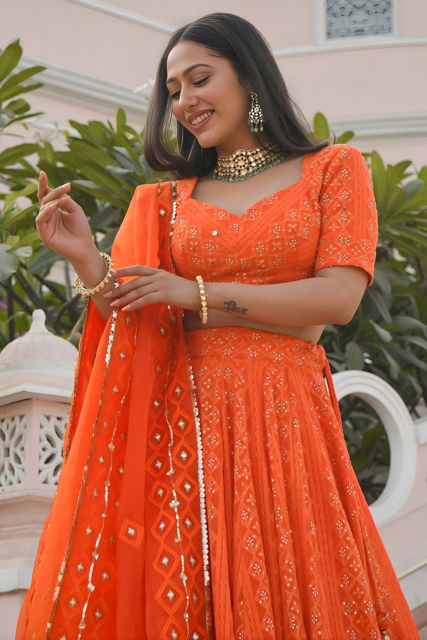 Stylish Orange Georgette Embroidered Lehenga Choli with Designer Dupatta for Women