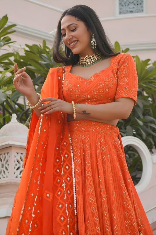 Stylish Orange Georgette Embroidered Lehenga Choli with Designer Dupatta for Women