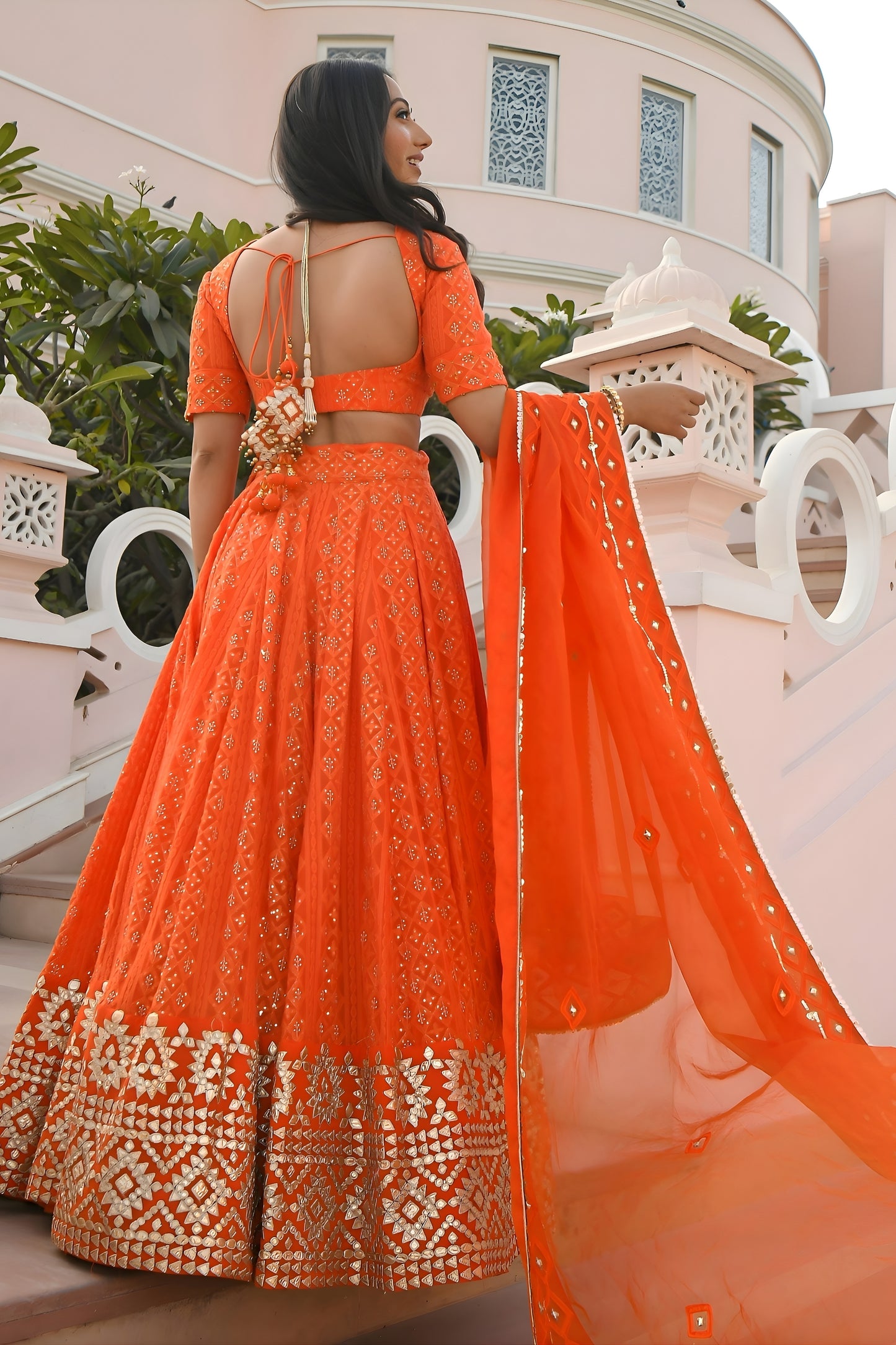 Stylish Orange Georgette Embroidered Lehenga Choli with Designer Dupatta for Women