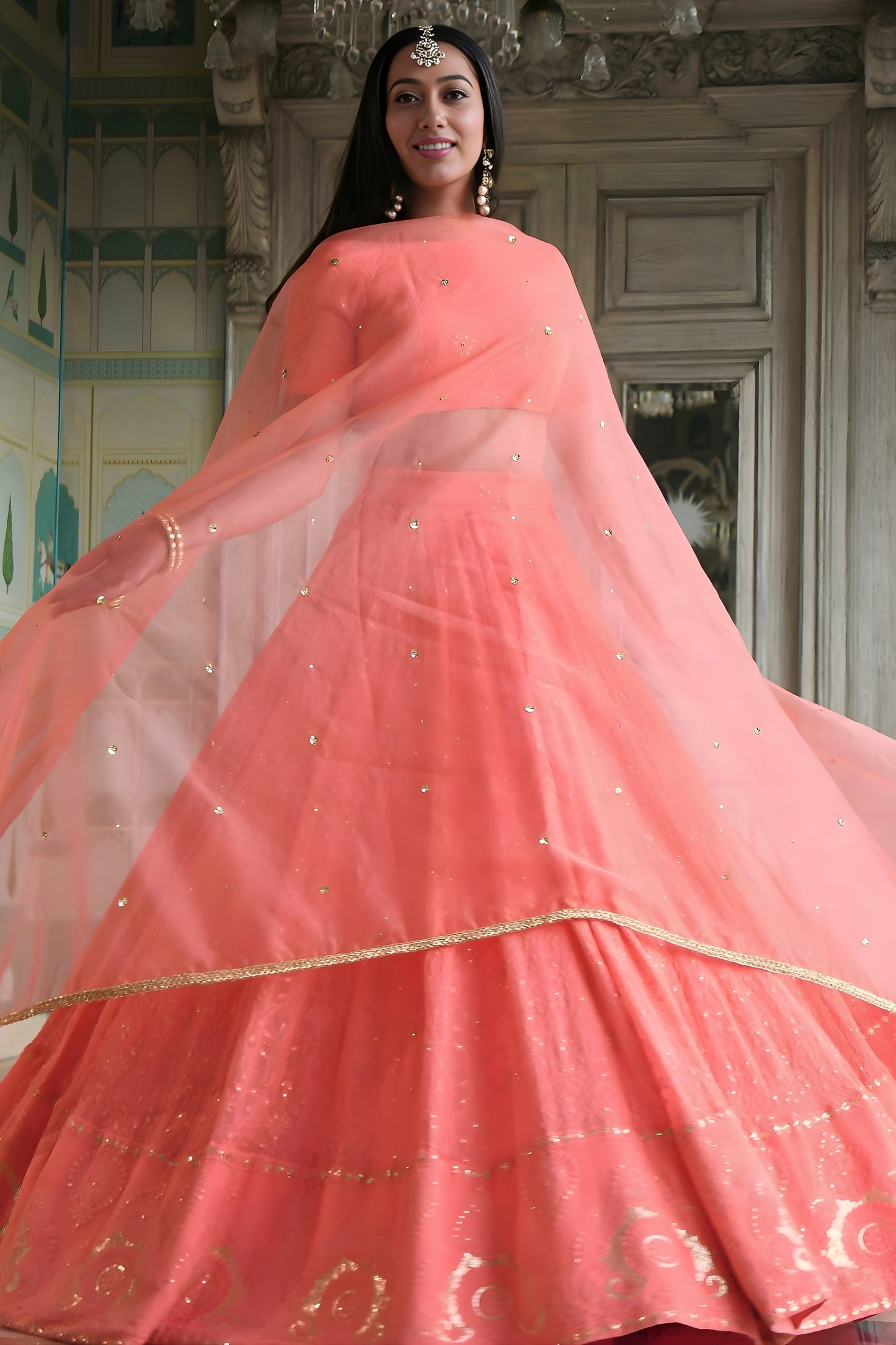 Elegant Peach Georgette Embroidered Lehenga Choli with Designer Dupatta for Women