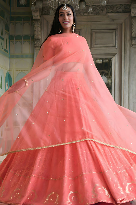 Elegant Peach Georgette Embroidered Lehenga Choli with Designer Dupatta for Women