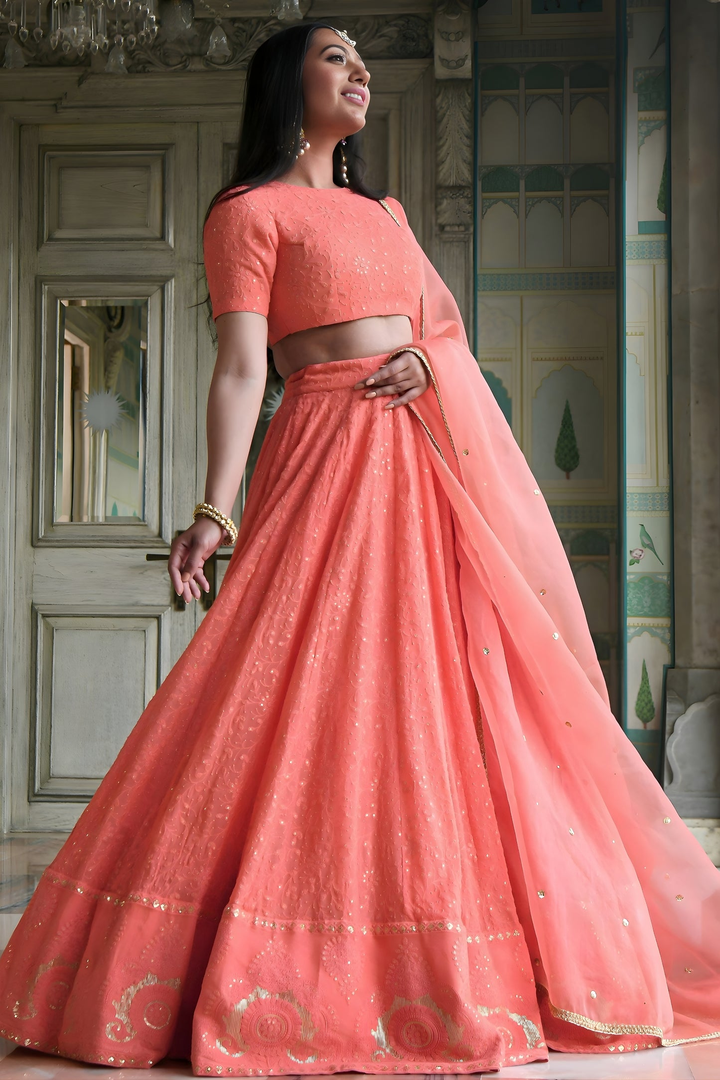 Elegant Peach Georgette Embroidered Lehenga Choli with Designer Dupatta for Women