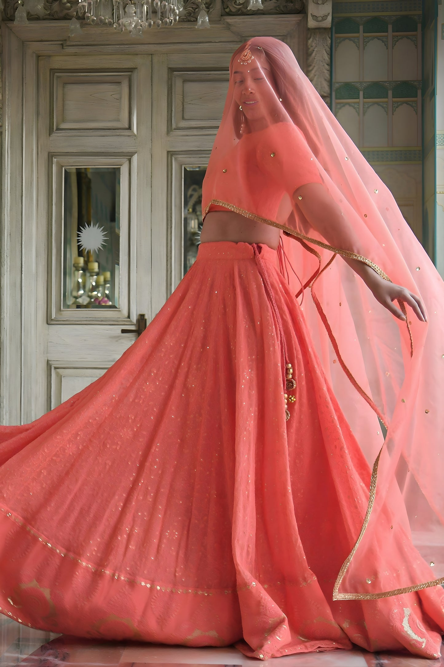 Elegant Peach Georgette Embroidered Lehenga Choli with Designer Dupatta for Women