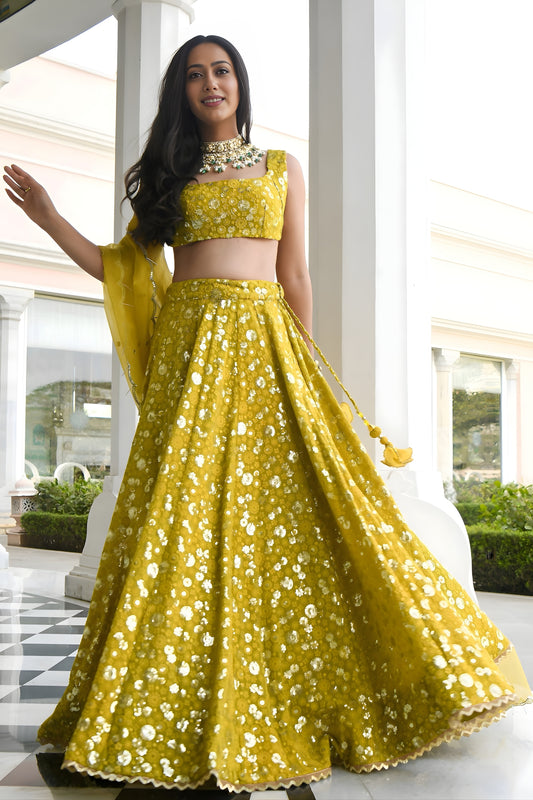 Stylish Yellow Georgette Embroidered Lehenga Choli with Designer Dupatta for Women