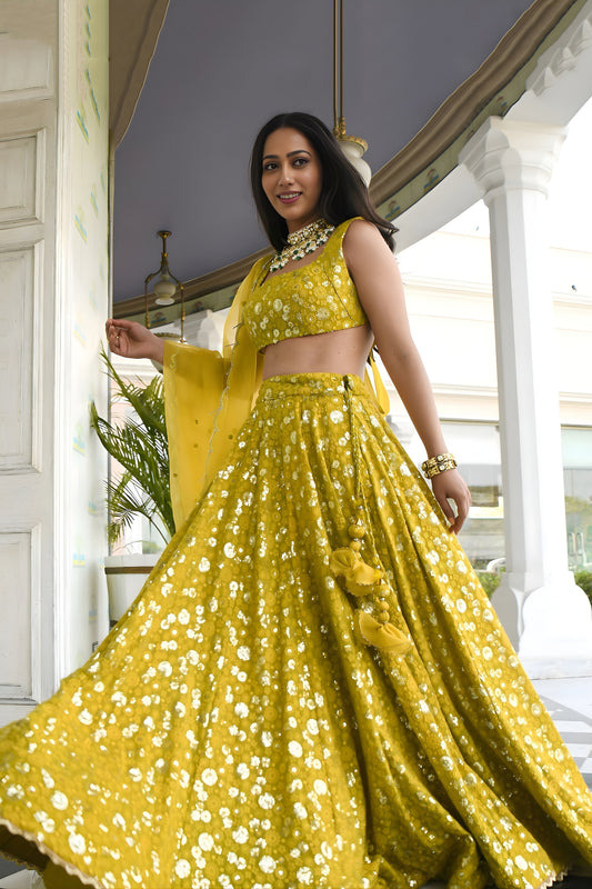 Stylish Yellow Georgette Embroidered Lehenga Choli with Designer Dupatta for Women