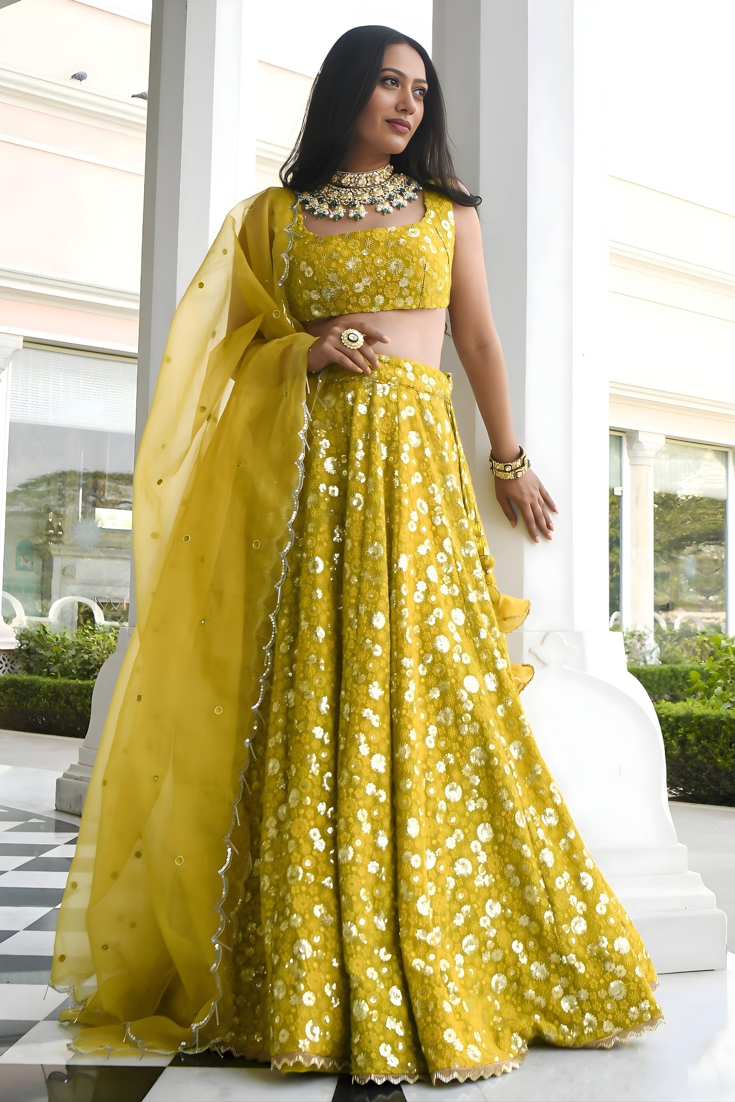Stylish Yellow Georgette Embroidered Lehenga Choli with Designer Dupatta for Women