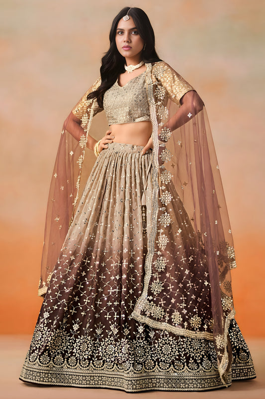 Fantastic Brown Georgette Embroidered Lehenga Choli with Soft Net Dupatta for Women