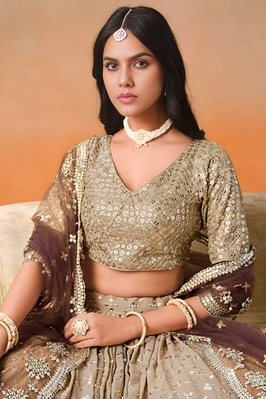 Fantastic Brown Georgette Embroidered Lehenga Choli with Soft Net Dupatta for Women