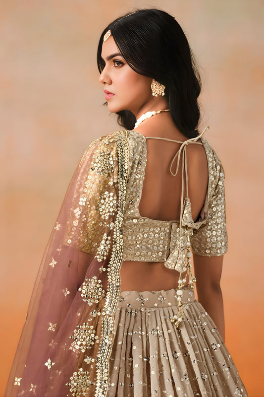 Fantastic Brown Georgette Embroidered Lehenga Choli with Soft Net Dupatta for Women