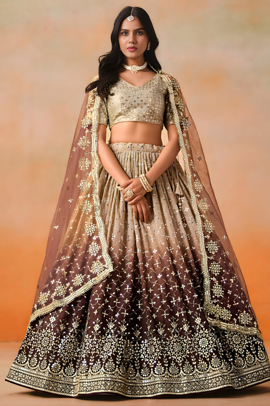 Fantastic Brown Georgette Embroidered Lehenga Choli with Soft Net Dupatta for Women