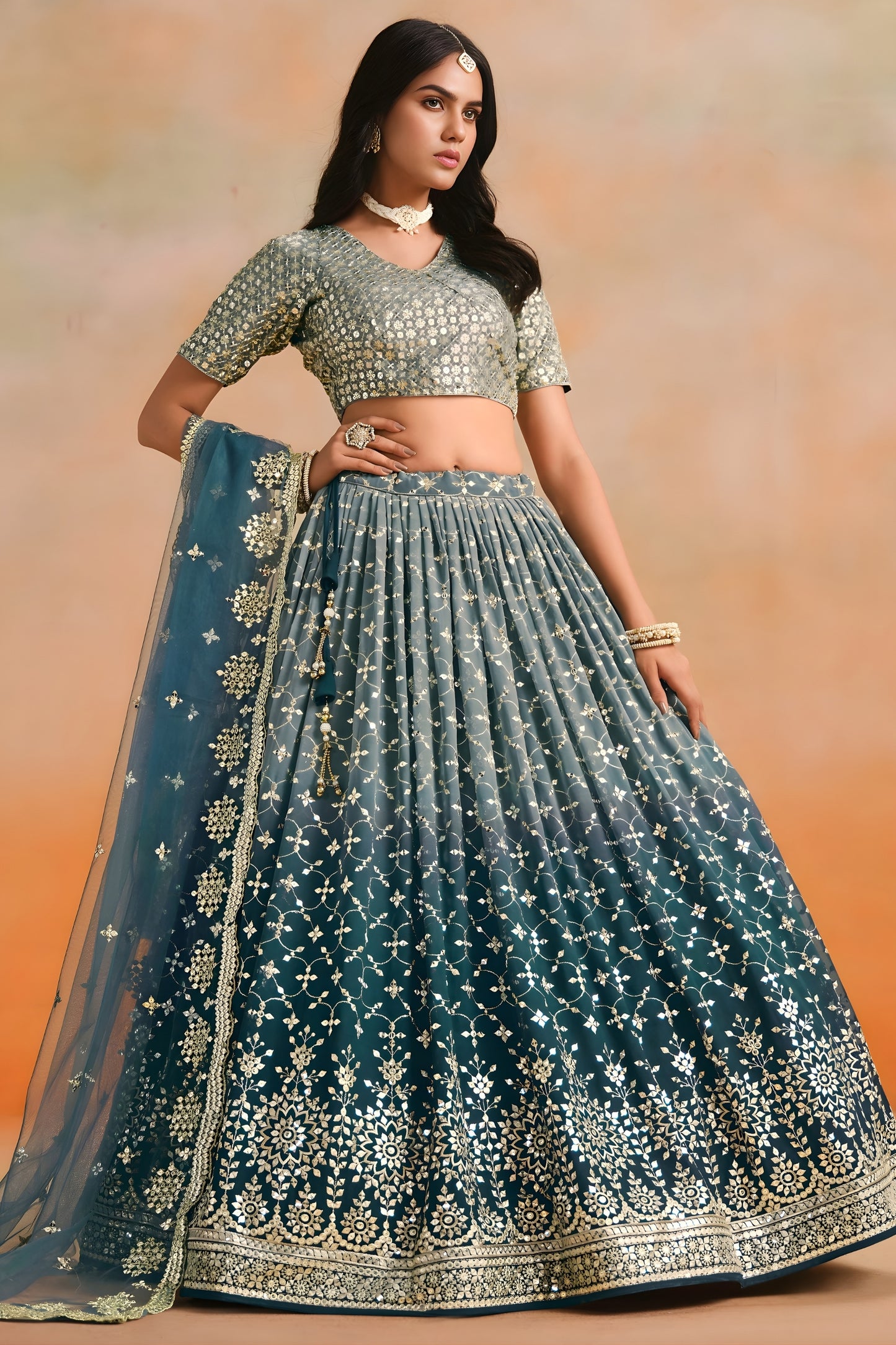 Stunning Dove Blue Georgette Embroidered Lehenga Choli with Soft Net Dupatta