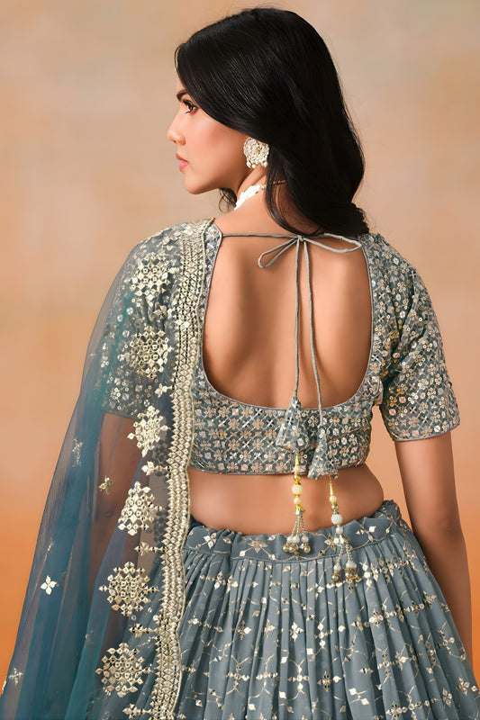 Stunning Dove Blue Georgette Embroidered Lehenga Choli with Soft Net Dupatta