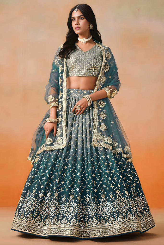Stunning Dove Blue Georgette Embroidered Lehenga Choli with Soft Net Dupatta