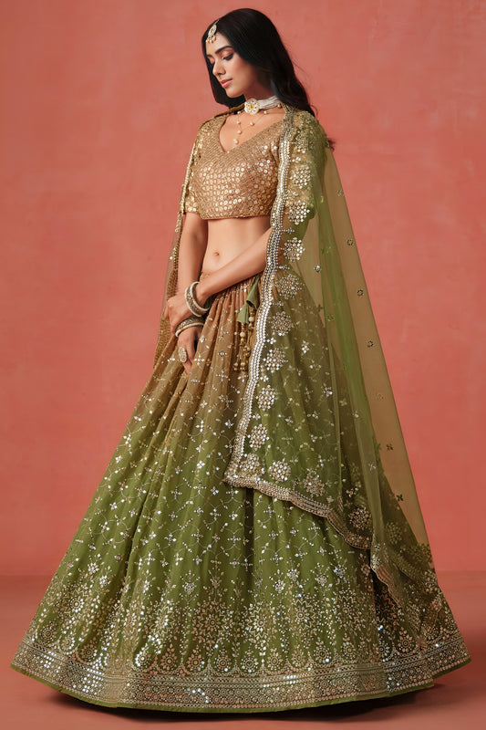 Traditional Mehndi Green Georgette Embroidered Lehenga Choli with Soft Net Dupatta