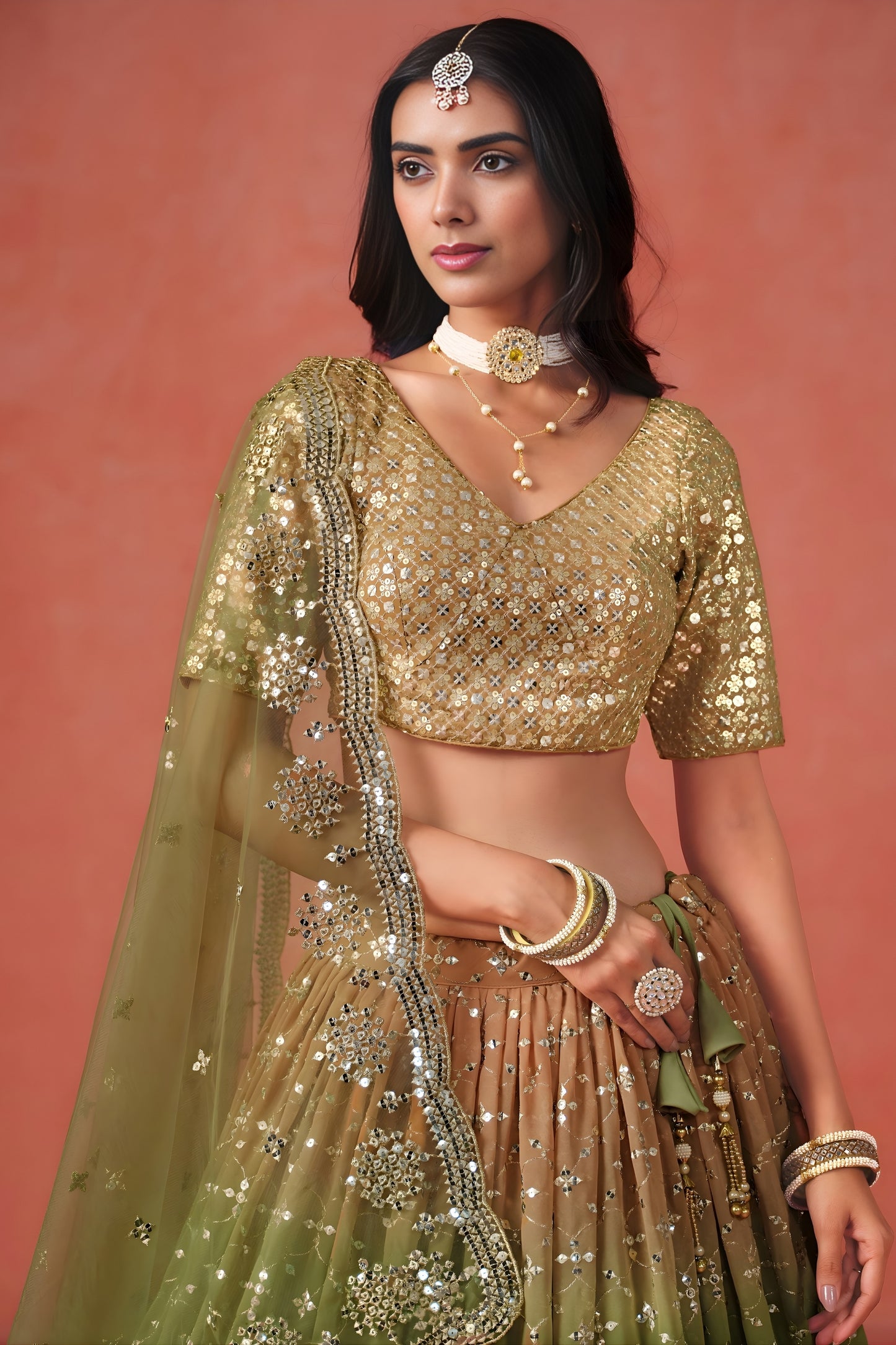 Traditional Mehndi Green Georgette Embroidered Lehenga Choli with Soft Net Dupatta