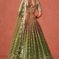 Traditional Mehndi Green Georgette Embroidered Lehenga Choli with Soft Net Dupatta