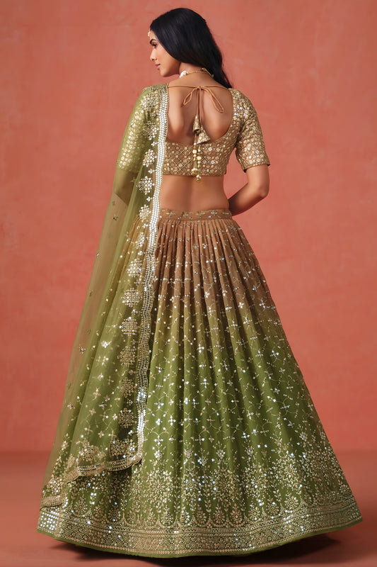 Traditional Mehndi Green Georgette Embroidered Lehenga Choli with Soft Net Dupatta