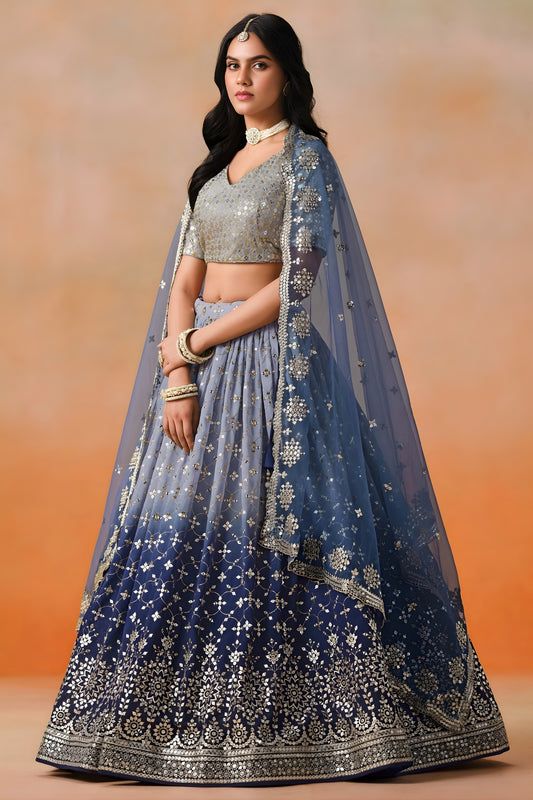 Awesome Navy Blue Georgette Embroidered Lehenga Choli with Soft Net Dupatta