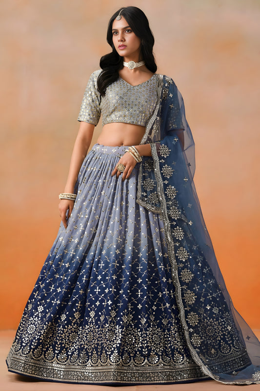 Awesome Navy Blue Georgette Embroidered Lehenga Choli with Soft Net Dupatta