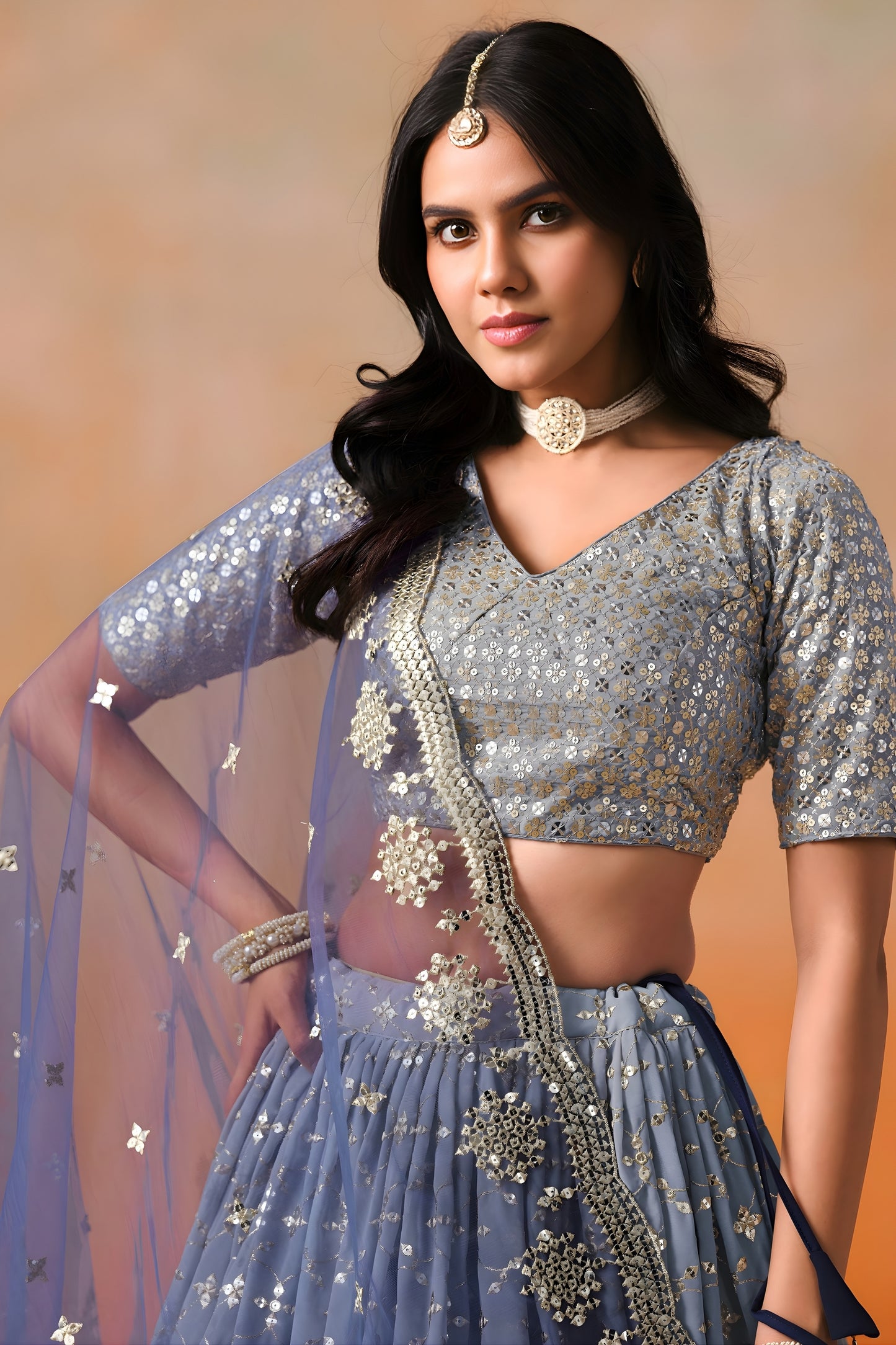 Awesome Navy Blue Georgette Embroidered Lehenga Choli with Soft Net Dupatta