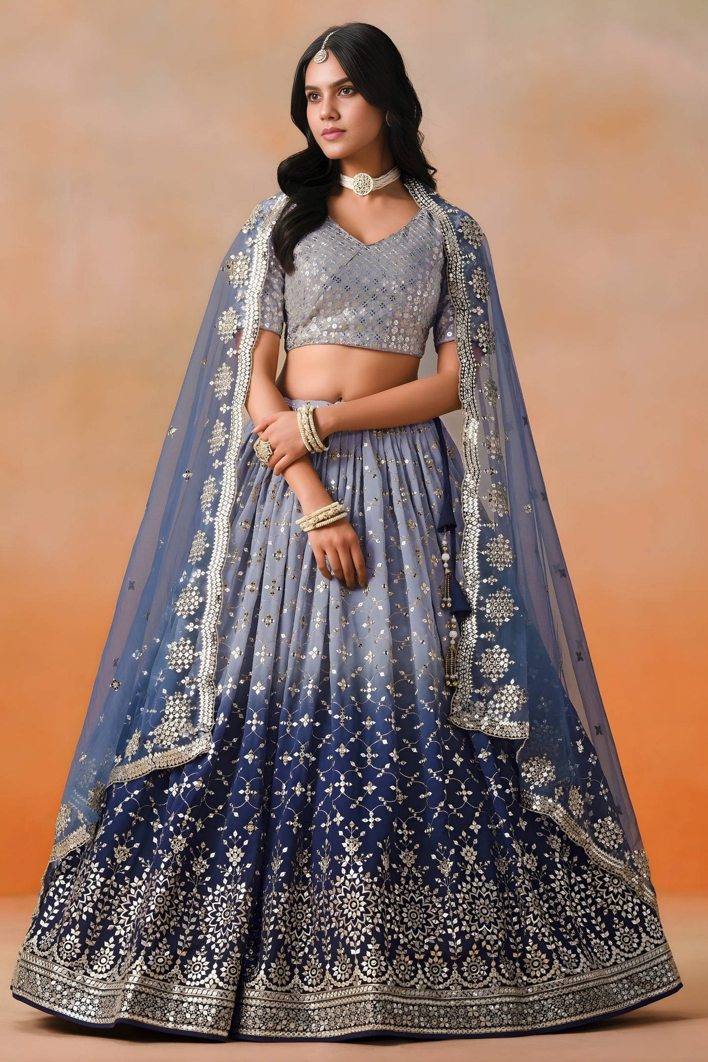 Awesome Navy Blue Georgette Embroidered Lehenga Choli with Soft Net Dupatta