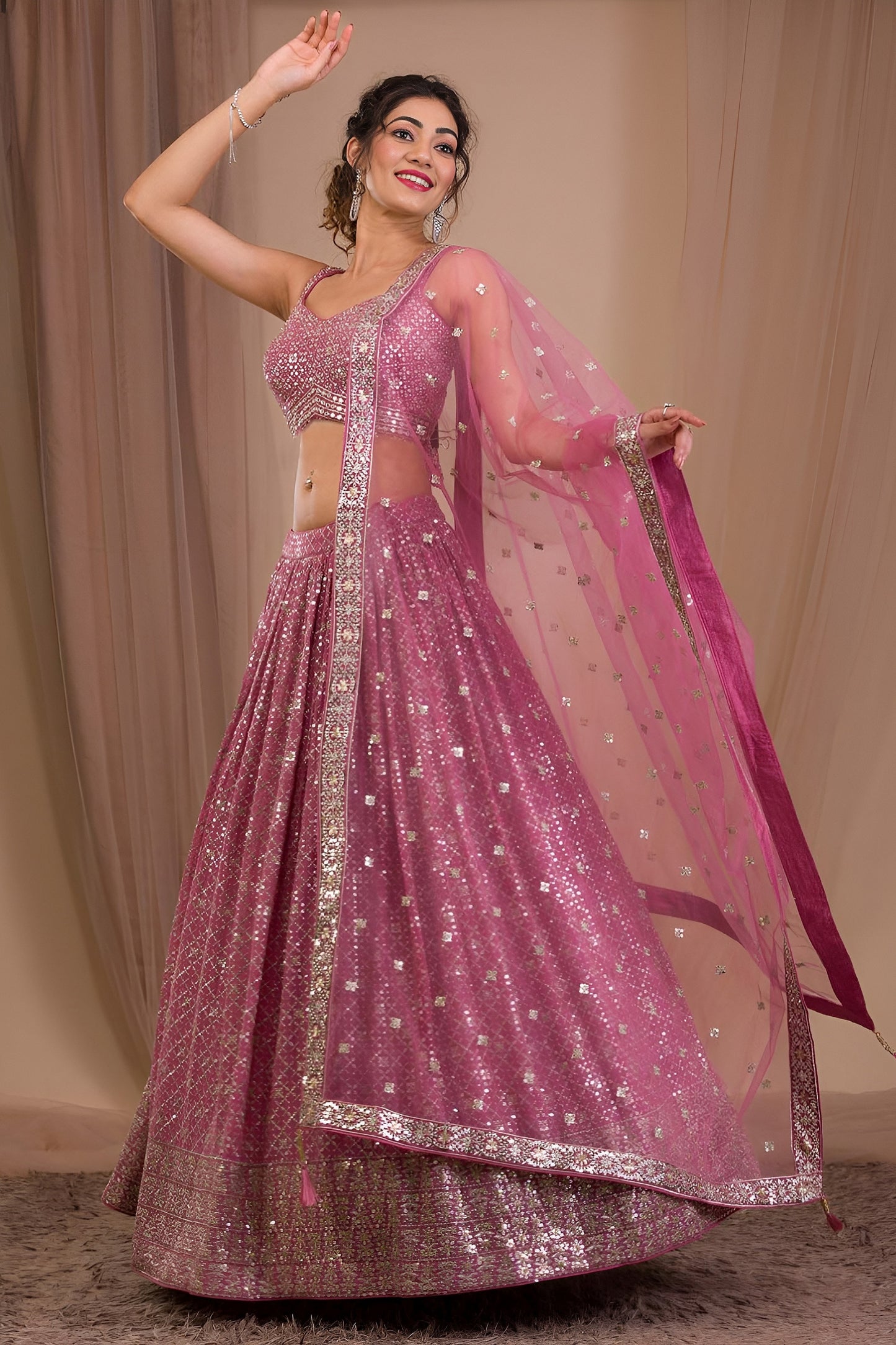 Stunning Dusty Pink Georgette Embroidered Lehenga Choli with Designer Dupatta for Women
