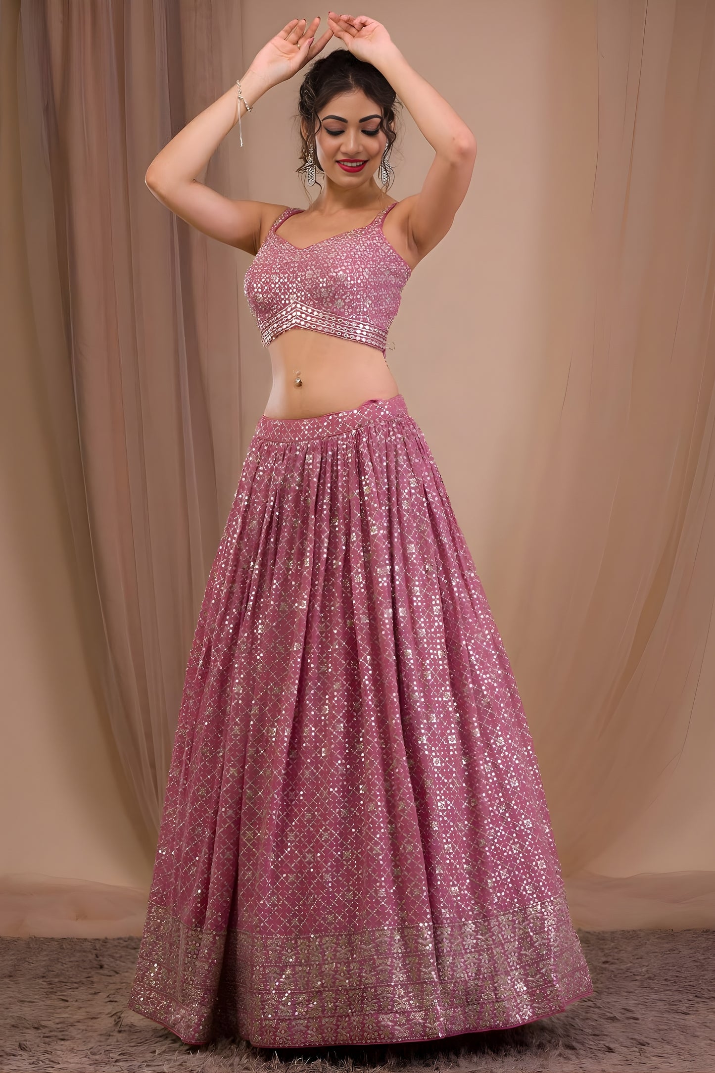 Stunning Dusty Pink Georgette Embroidered Lehenga Choli with Designer Dupatta for Women
