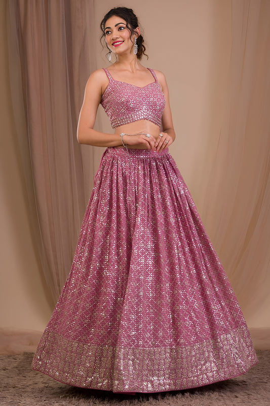 Stunning Dusty Pink Georgette Embroidered Lehenga Choli with Designer Dupatta for Women