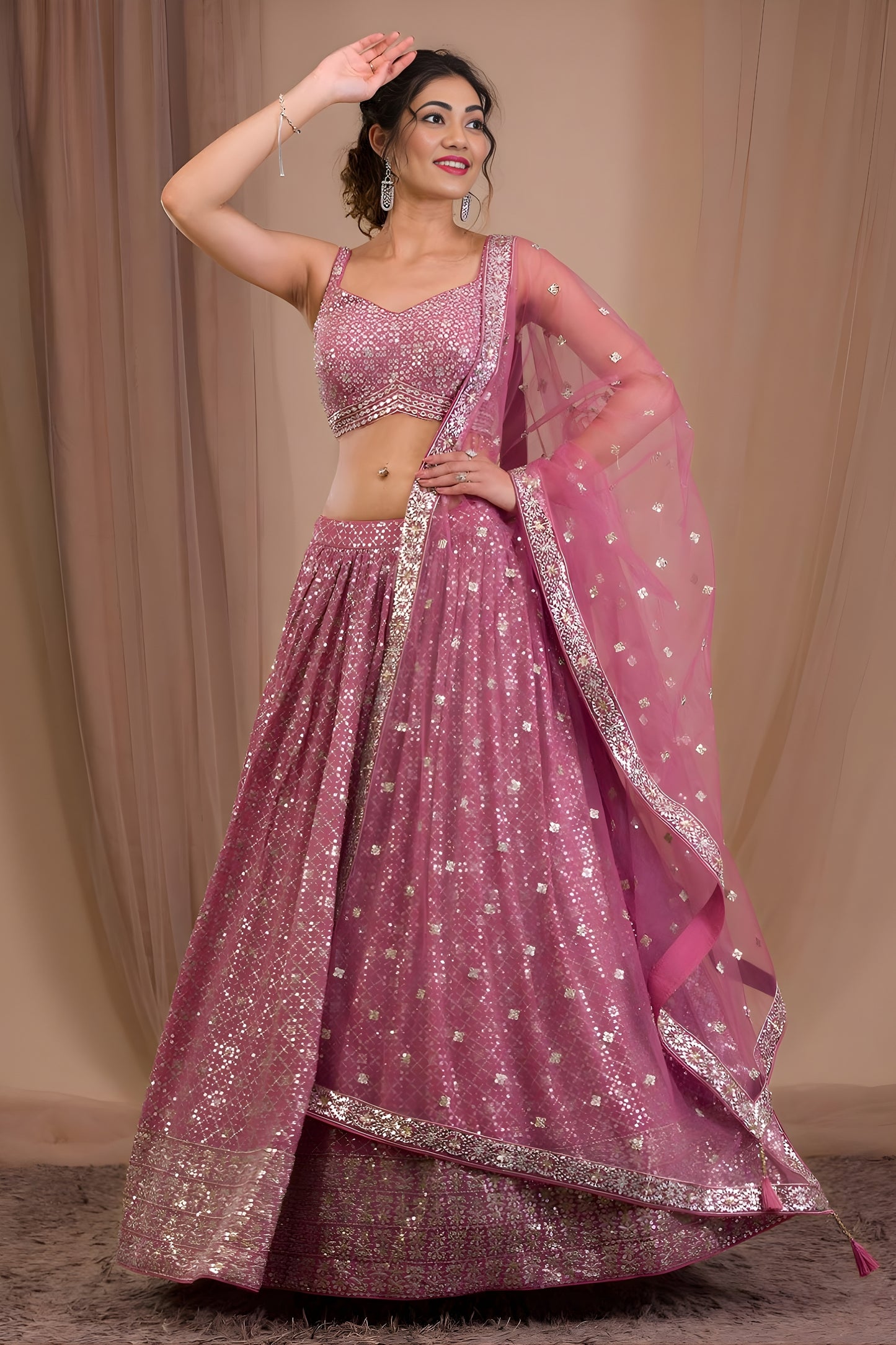 Stunning Dusty Pink Georgette Embroidered Lehenga Choli with Designer Dupatta for Women