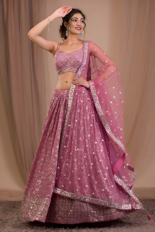 Stunning Dusty Pink Georgette Embroidered Lehenga Choli with Designer Dupatta for Women