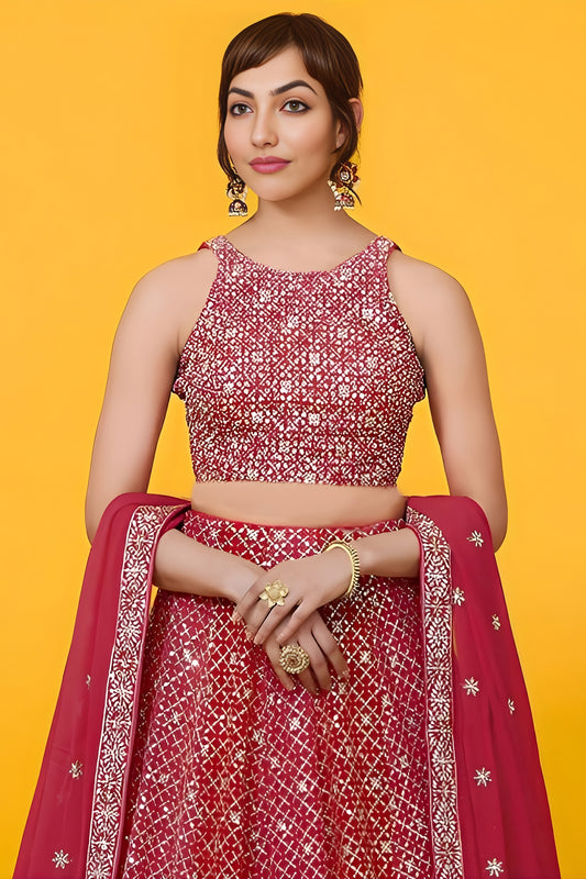 Graceful Red Georgette Embroidered Lehenga Choli with Designer Dupatta for Women