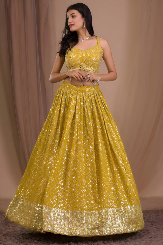 Trendy Yellow Georgette Embroidered Lehenga Choli with Designer Dupatta for Women