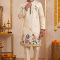 Stylish Cream Synthetic Silk Embroidered Kurta Pajama Set for Men with Dandiya Work