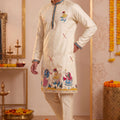 Stylish Cream Synthetic Silk Embroidered Kurta Pajama Set for Men with Dandiya Work