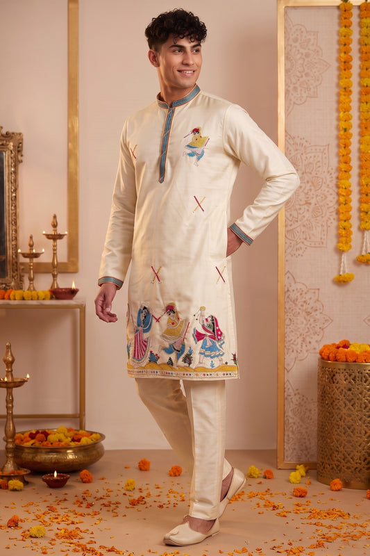 Stylish Cream Synthetic Silk Embroidered Kurta Pajama Set for Men with Dandiya Work