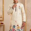 Stylish Cream Synthetic Silk Embroidered Kurta Pajama Set for Men with Dandiya Work