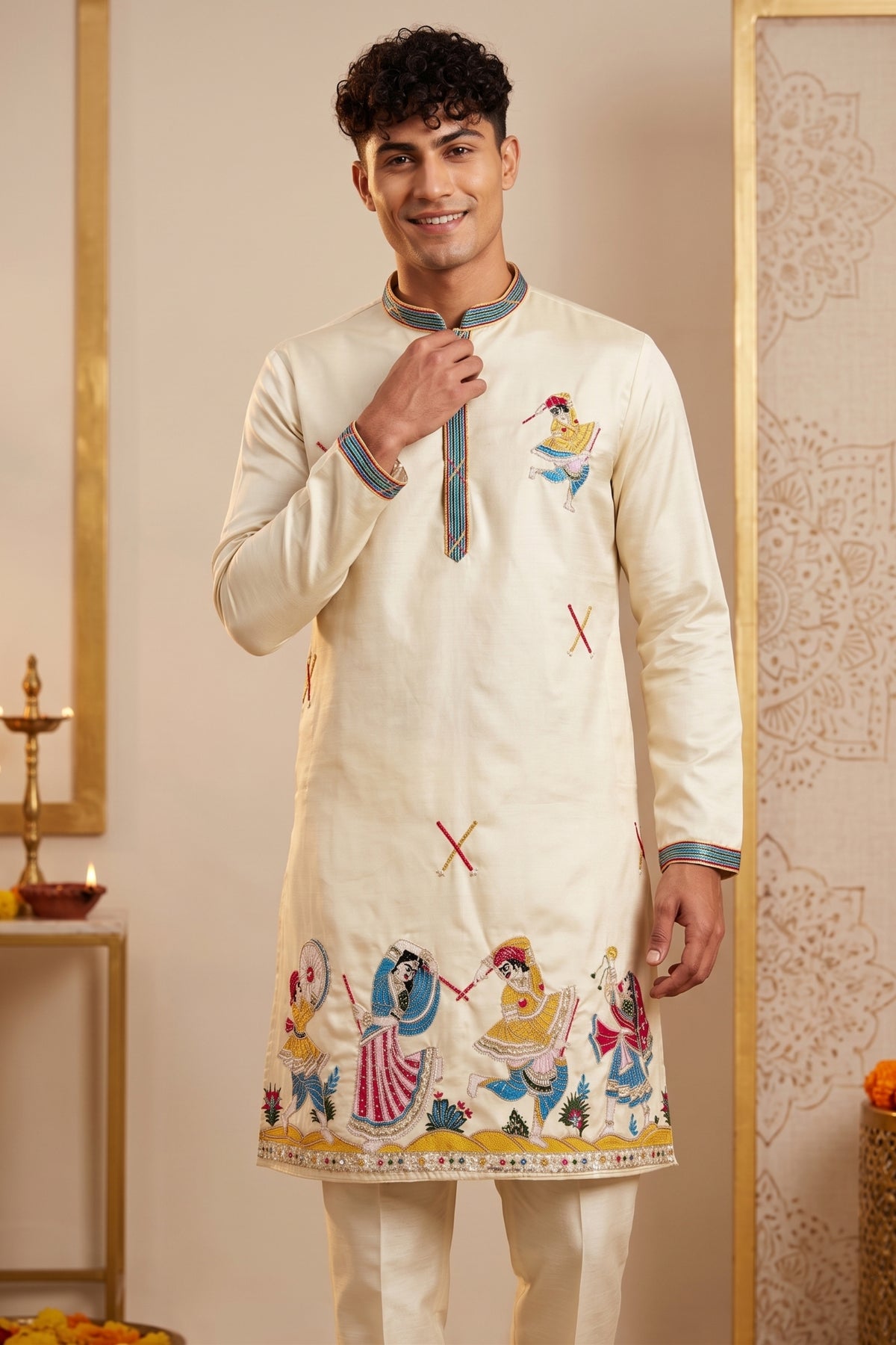 Stylish Cream Synthetic Silk Embroidered Kurta Pajama Set for Men with Dandiya Work
